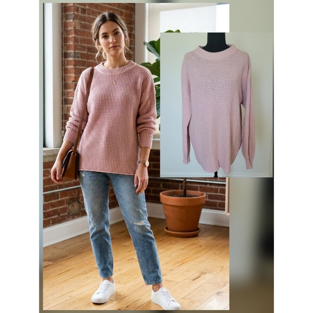 AE Women's Crewneck Waffle-Knit Sweater Vintage Style 90s in Dusty Pink Size M